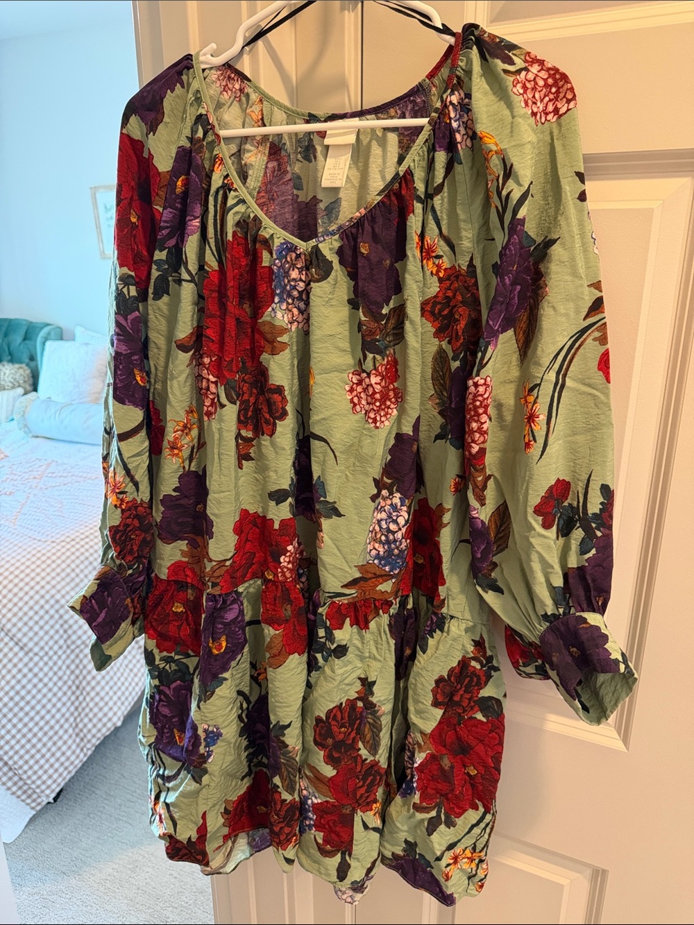 H&M Green Tunic with Red & Purple Floral Print